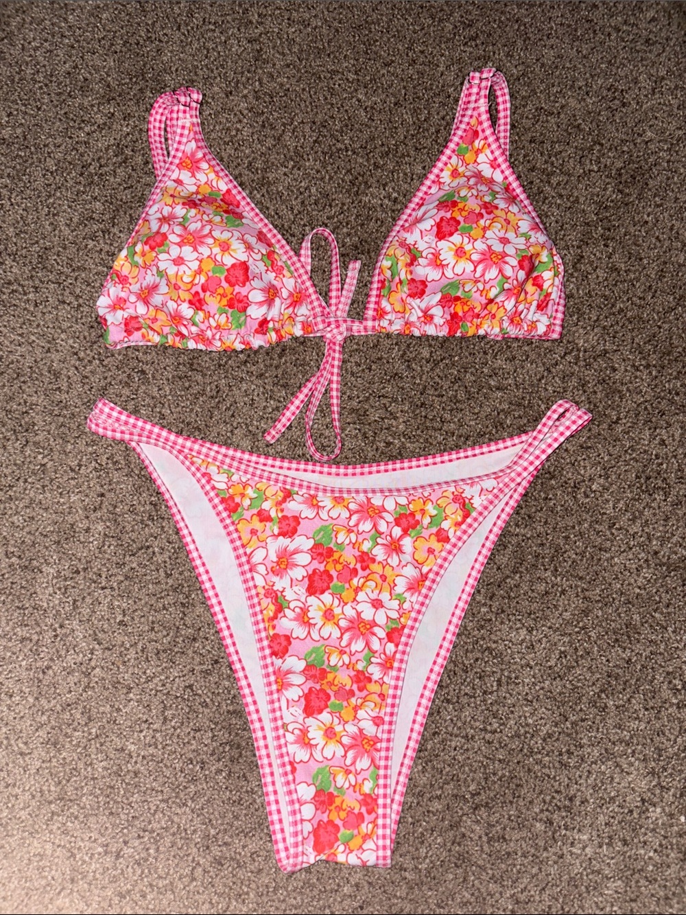 Amazon Pink Floral Two-Piece Bikini with Double Straps And Gingham Trim